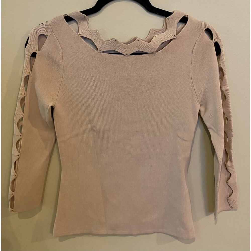 LEO GUY Vintage Womens Small Beige Knit Geometric Cut Out Shirt